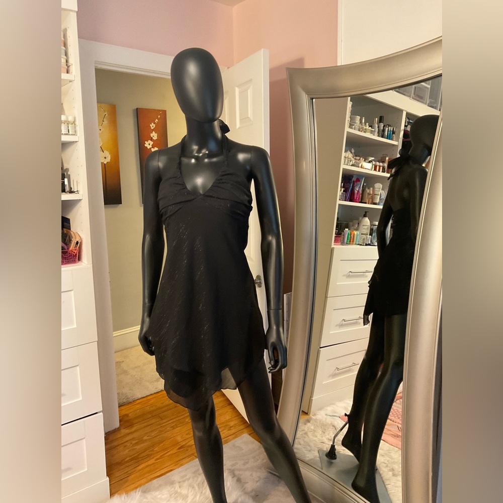 Black halter mini dress with silver detailing